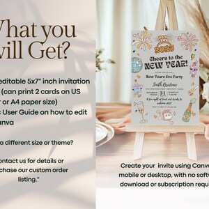 May include: A New Year's Eve party invitation on a small easel. The invitation features colorful illustrations of fireworks, a disco ball, champagne, and other festive elements. The text reads "Cheers to the New Year!" and includes event details.