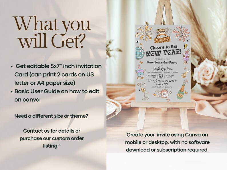 May include: A New Year's Eve party invitation on a small easel. The invitation features colorful illustrations of fireworks, a disco ball, champagne, and other festive elements. The text reads "Cheers to the New Year!" and includes event details.