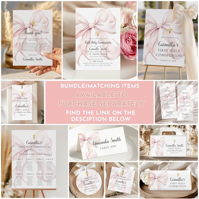 Pink Bow First Holy Communion Invitation Printable Template Coquette ...