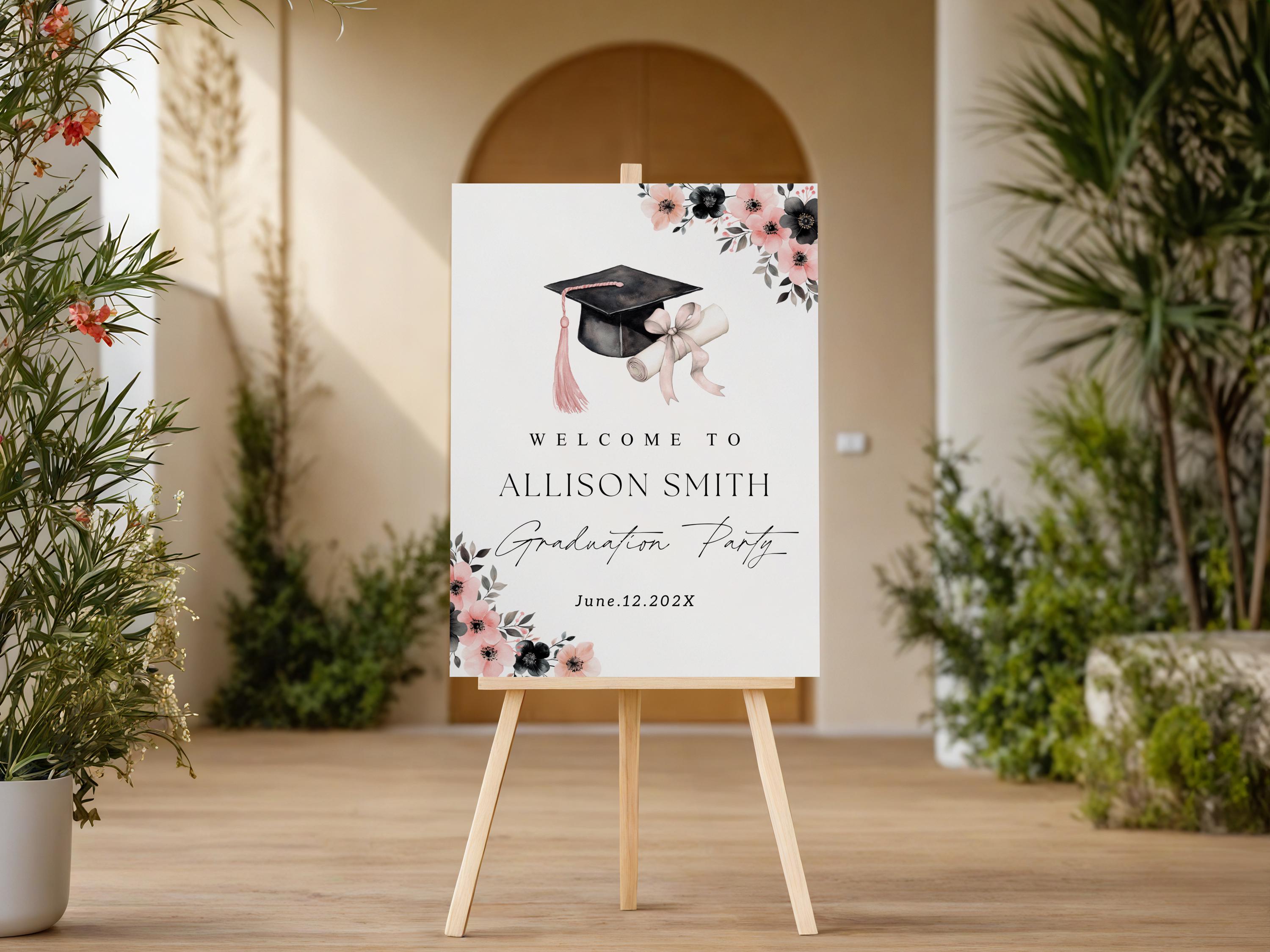 Pink Bow Graduation Party Welcome Sign Black Pink Floral Graduation ...
