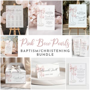 May include: Pink and white baptism or christening party decorations with a pearl and bow theme. The set includes a welcome sign, invitation, table number card, favor tag, favor box, and menu card.