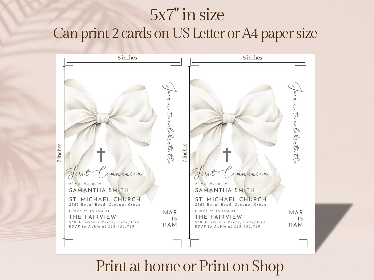 First Communion Invitation Template White Bow First Holy Communion ...