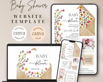 Plantilla de sitio web para baby shower "Wildflower Baby In Bloom" con confirmación de asistencia / Plantilla editable de Canva (descarga digital)