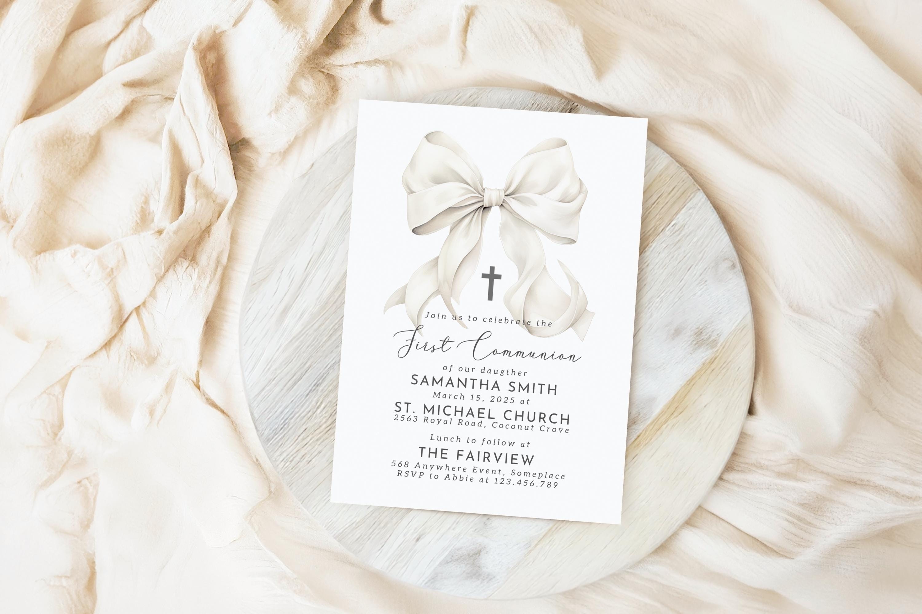First Holy Communion Invitation Template Gender Neutral Bow Coquette ...