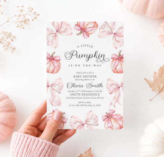 Editable Little Pumpkin is On The Way Pink Bow Girl Baby Shower Invitation Watercolor Coquette Bow Fall Theme Invite Orange Autumn Pumpkin