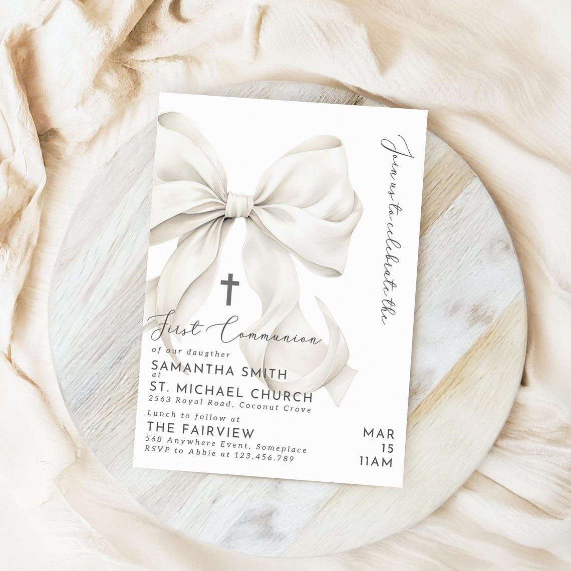 First Communion Invitation Template White Bow First Holy Communion ...