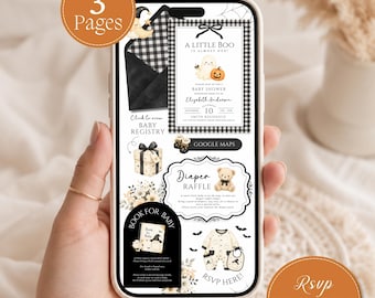 May include: A smartphone screen displaying a digital baby shower invitation template with a Halloween theme. The design features a ghost, a pumpkin, a teddy bear, and black and white buffalo plaid patterns. Text includes A LITTLE BOO IS ALMOST DUE.