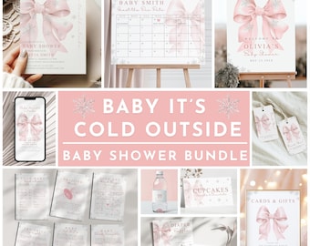 Puede incluir: Un conjunto de baby shower en rosa y blanco. El conjunto incluye invitaciones, un calendario, un letrero de bienvenida, etiquetas de regalo, juegos, una botella de agua, tarjetas de cupcakes y un letrero de tarjetas y regalos. Se muestra el texto "Baby It's Cold Outside".