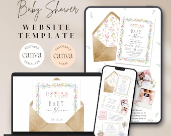 Plantilla de sitio web para baby shower Baby In Bloom con confirmación de asistencia / Plantilla editable de Canva para baby shower con flores silvestres, género neutro. Descarga digital.