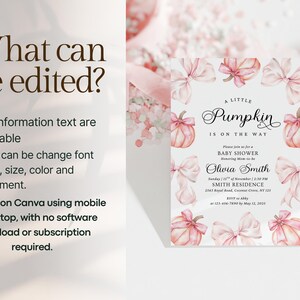May include: A rectangular baby shower invitation card featuring watercolor illustrations of pink pumpkins and bows. The text reads A LITTLE Pumpkin IS ON THE WAY, BABY SHOWER, Olivia Smith, Sunday 15th of November, 2:30 PM, SMITH RESIDENCE, 2563 Royal Road, Coconut Grove, NY 125, RSVP to Abby at 123-456-7890 by May 12, 2023.