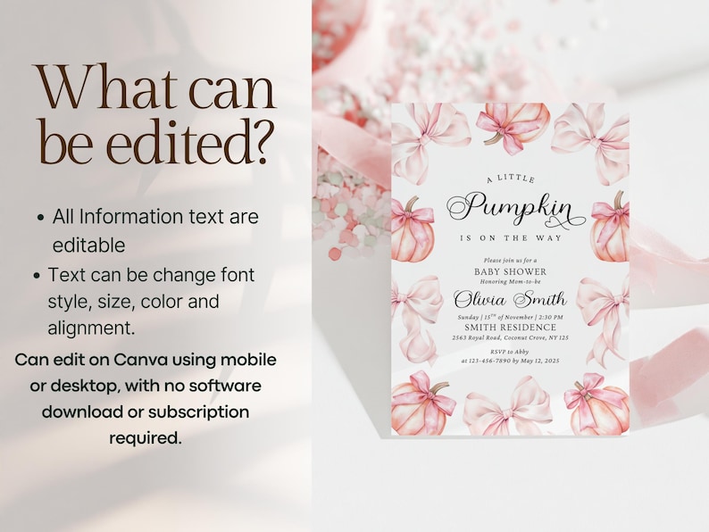 May include: A rectangular baby shower invitation card featuring watercolor illustrations of pink pumpkins and bows. The text reads A LITTLE Pumpkin IS ON THE WAY, BABY SHOWER, Olivia Smith, Sunday 15th of November, 2:30 PM, SMITH RESIDENCE, 2563 Royal Road, Coconut Grove, NY 125, RSVP to Abby at 123-456-7890 by May 12, 2023.