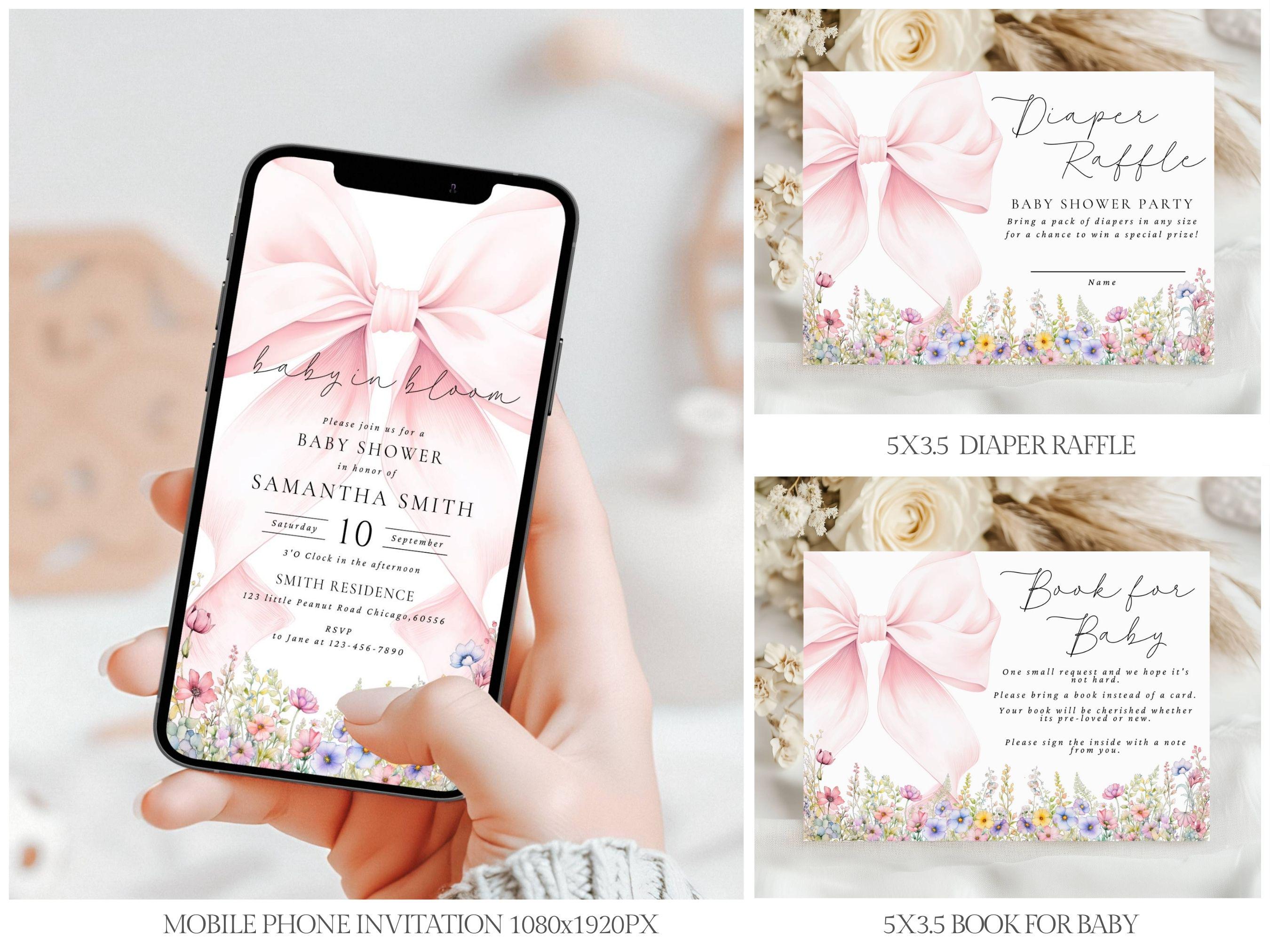 Pink Bow Baby in Bloom Baby Shower Invitation Bundle Editable Canva ...