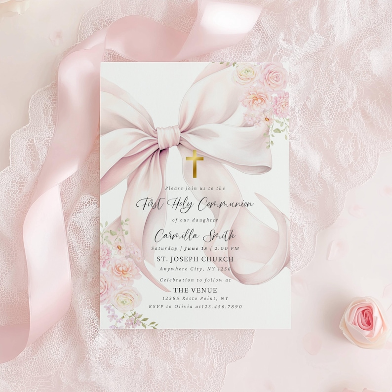 Editable Pink Bow First Holy Communion Invitation Template Watercolor ...