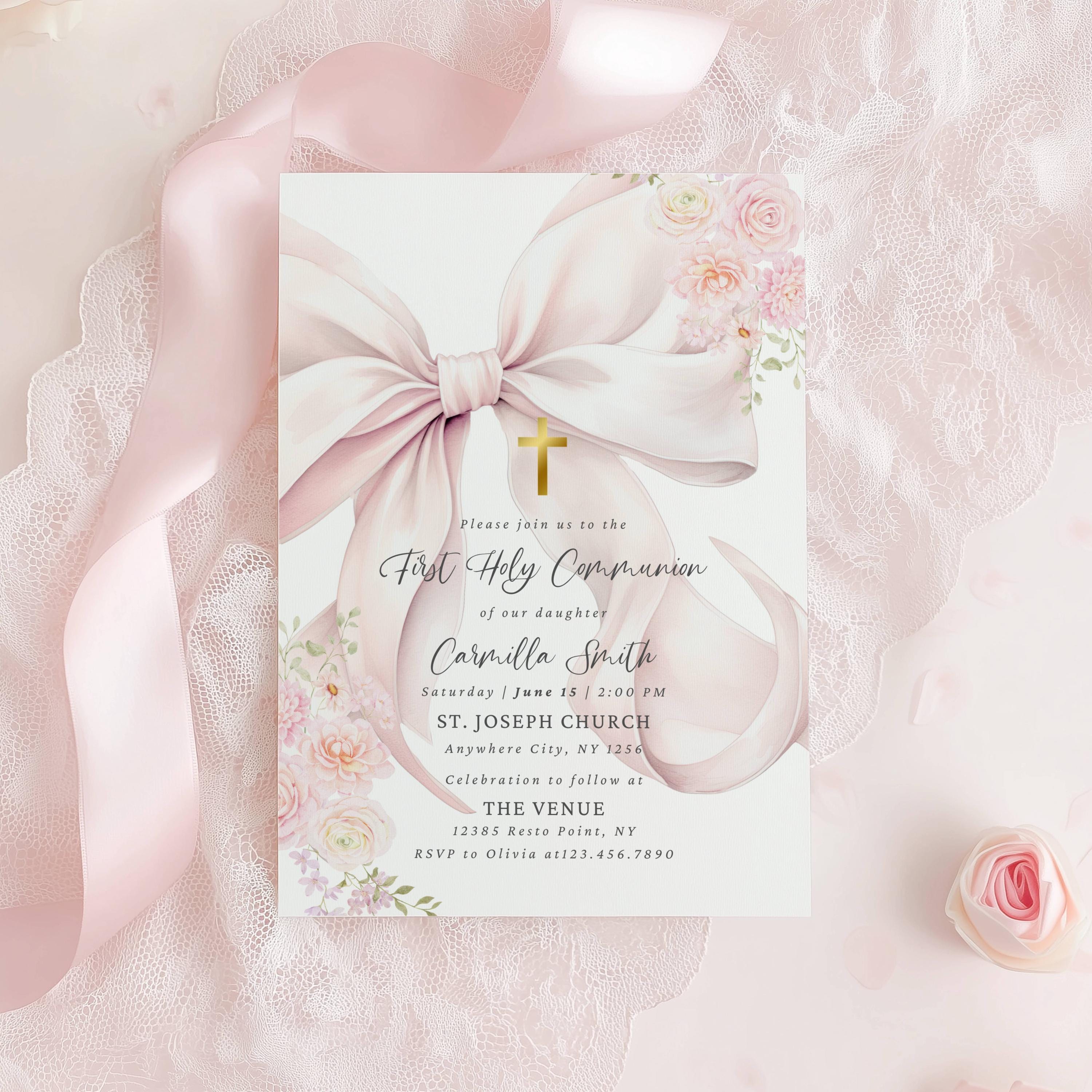 Editable Pink Bow First Holy Communion Invitation Template Watercolor ...