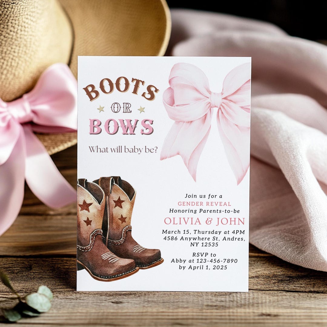 Boots Or Bows Gender Reveal Invitation Template Editable Pink And Brown boots-or-bows-gender-reveal-invitation-template-editable-pink-and-brown