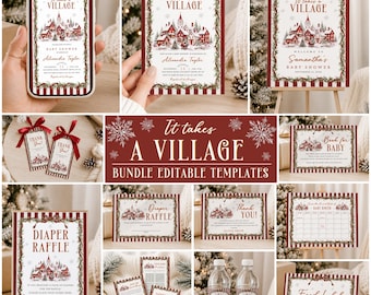 It Takes A Village Baby Shower Bundle | Christmas Winter Baby Shower Games & Signs, Welcome Sign, Printable Decors (Editable Canva Template)