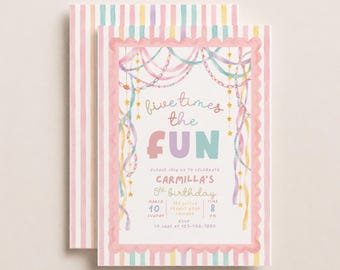 Five Times The Fun Whimsical Girl 5th Birthday Invitation, Colorful Striped Pastel Fifth Birthday Invite, Editable Canva Template
