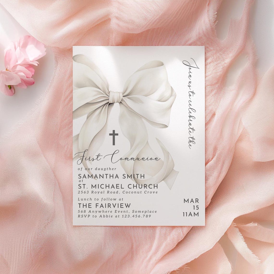 First Communion Invitation Template White Bow First Holy Communion ...