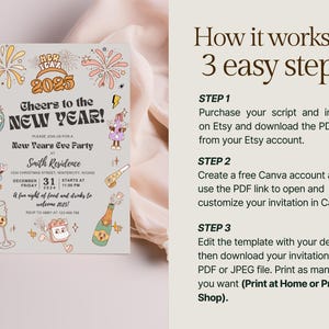 May include: A New Year's Eve party invitation with a retro design. The invitation features the text "Cheers to the New Year! 2025" with illustrations of fireworks, champagne, and other festive elements. The invitation includes event details.