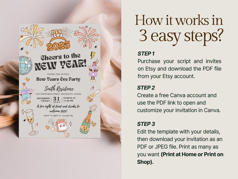 May include: A New Year's Eve party invitation with a retro design. The invitation features the text "Cheers to the New Year! 2025" with illustrations of fireworks, champagne, and other festive elements. The invitation includes event details.