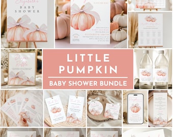 Little Pumpkin Baby Shower Bundle con fiocco rosa per bambina, set di inviti per baby shower con zucca autunnale, modello di giochi per decorazioni per baby shower con zucca autunnale