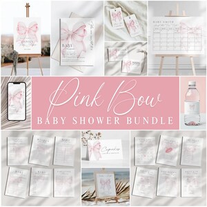 Rosa Schleife Baby Shower BUNDLE bearbeitbare Vorlage Baby Girl Baby Shower Vorlage Niedliche Pastellrosa Babypartyeinladung Sofortiger Download Canva