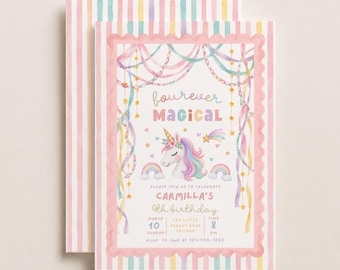 Whimsical Unicorn Birthday Invitation, Pink Pastel Four Ever Magical Princess 4th Birthday Invite Editable Canva Template (Digital Download)