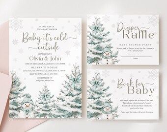 Puede incluir: Juego de invitaciones y complementos para baby shower con temática invernal. La invitación principal dice "Baby it's cold outside" con ilustraciones de copos de nieve y árboles de Navidad. Incluye un sorteo de pañales y un libro para bebés.