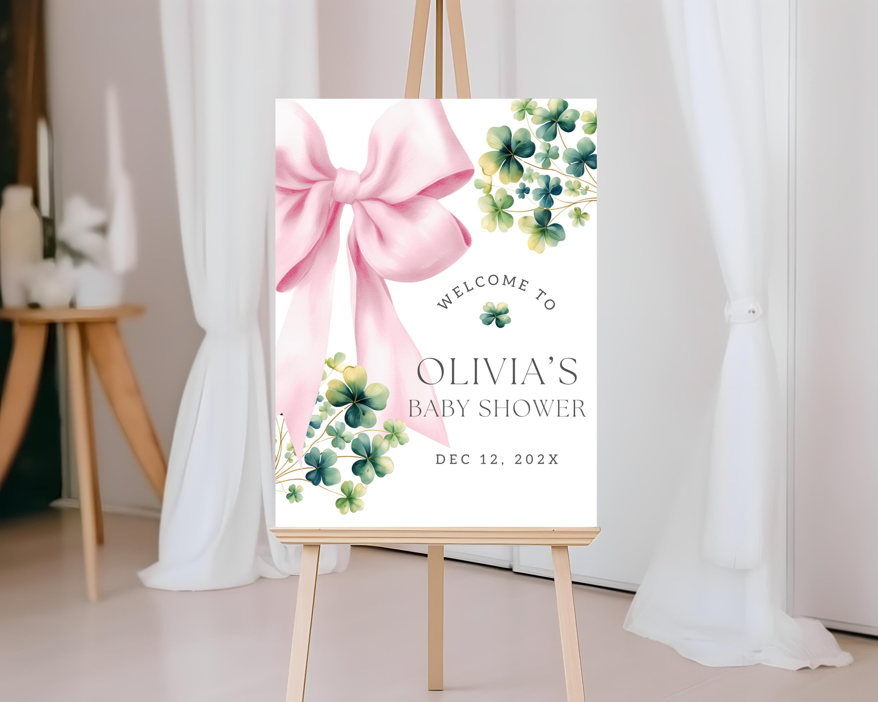 Pink Bow Little Lucky Charm Baby Shower Welcome Sign Template St ...