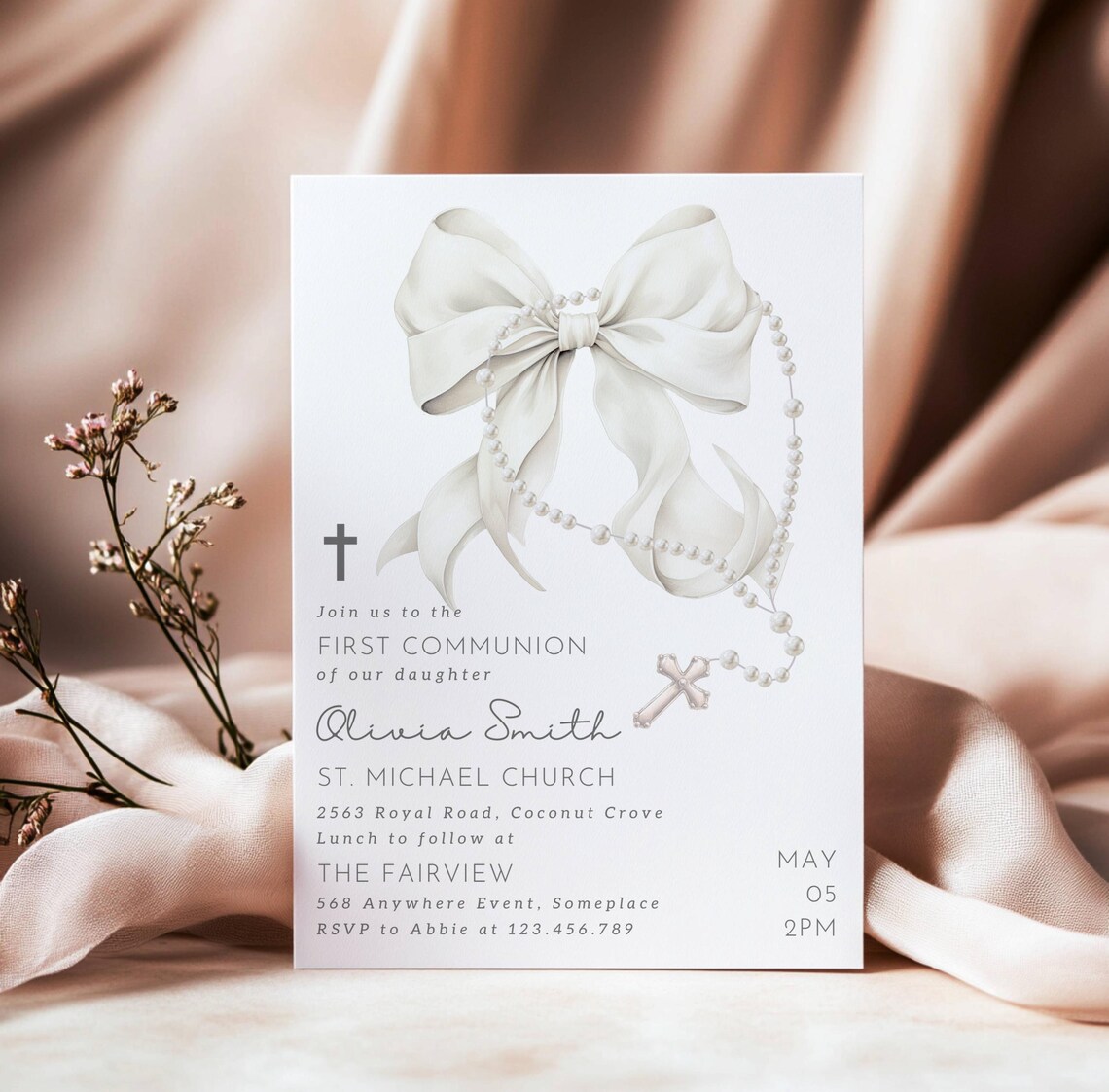 EDITABLE First Holy Communion Invitation Template Gender Neutral Pearls ...