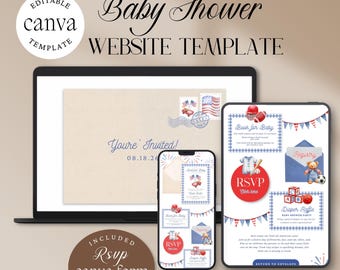 Plantilla digital para sitio web de baby shower con temática estadounidense, con confirmación de asistencia (RSVP) / Plantilla editable de Canva (descarga digital)