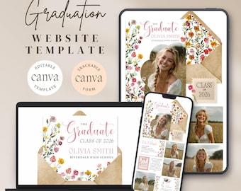 Plantilla web para invitación a fiesta de graduación con temática floral y confirmación de asistencia / Tarjeta fotográfica para la estudiante de último año de la promoción de 2026 / Invitación editable de graduación con flores silvestres en Canva