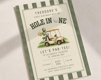 Golf First Birthday Invitation, Hole In One Party Editable Template (Digital Download)