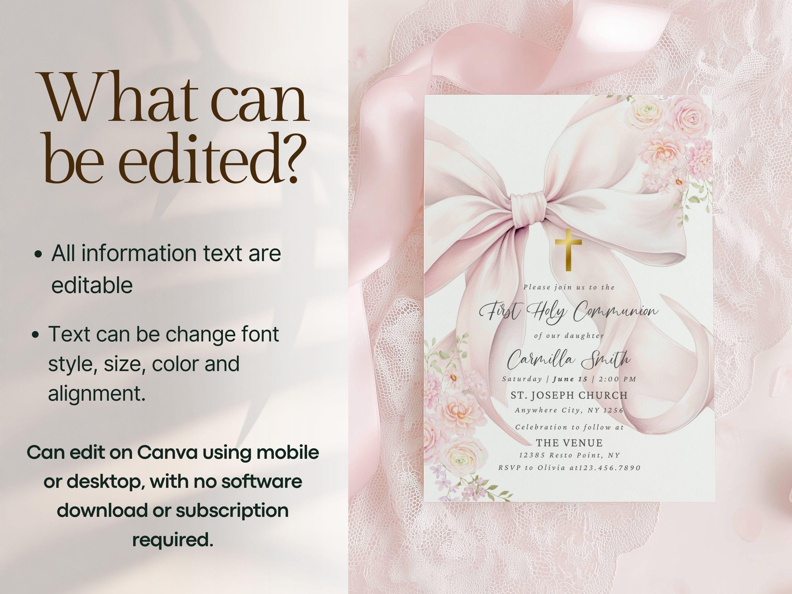 Editable Pink Bow First Holy Communion Invitation Template Watercolor ...