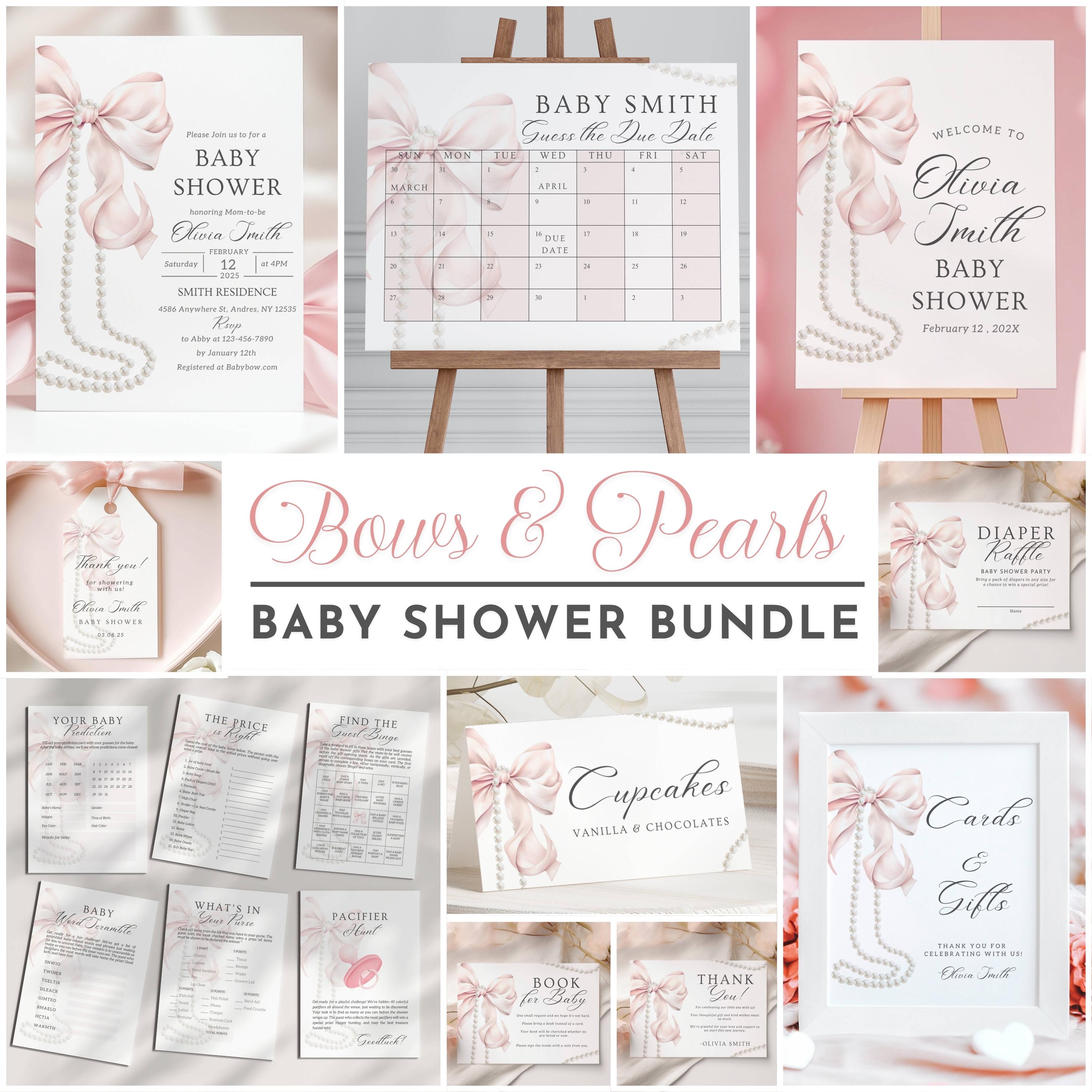 Rosa Bogen-Babyparty-Einladungs-Bundle-Baby-Mädchen-Rosa-Kokette Perlen-Babyparty-einladen Babyparty-Mädchen-Kokette Bogen und Perlen laden Set ein