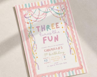 Three Times The Fun | Whimsical 3rd Birthday Invitation Girl | Third Birthday Party Invite (Instant Download)