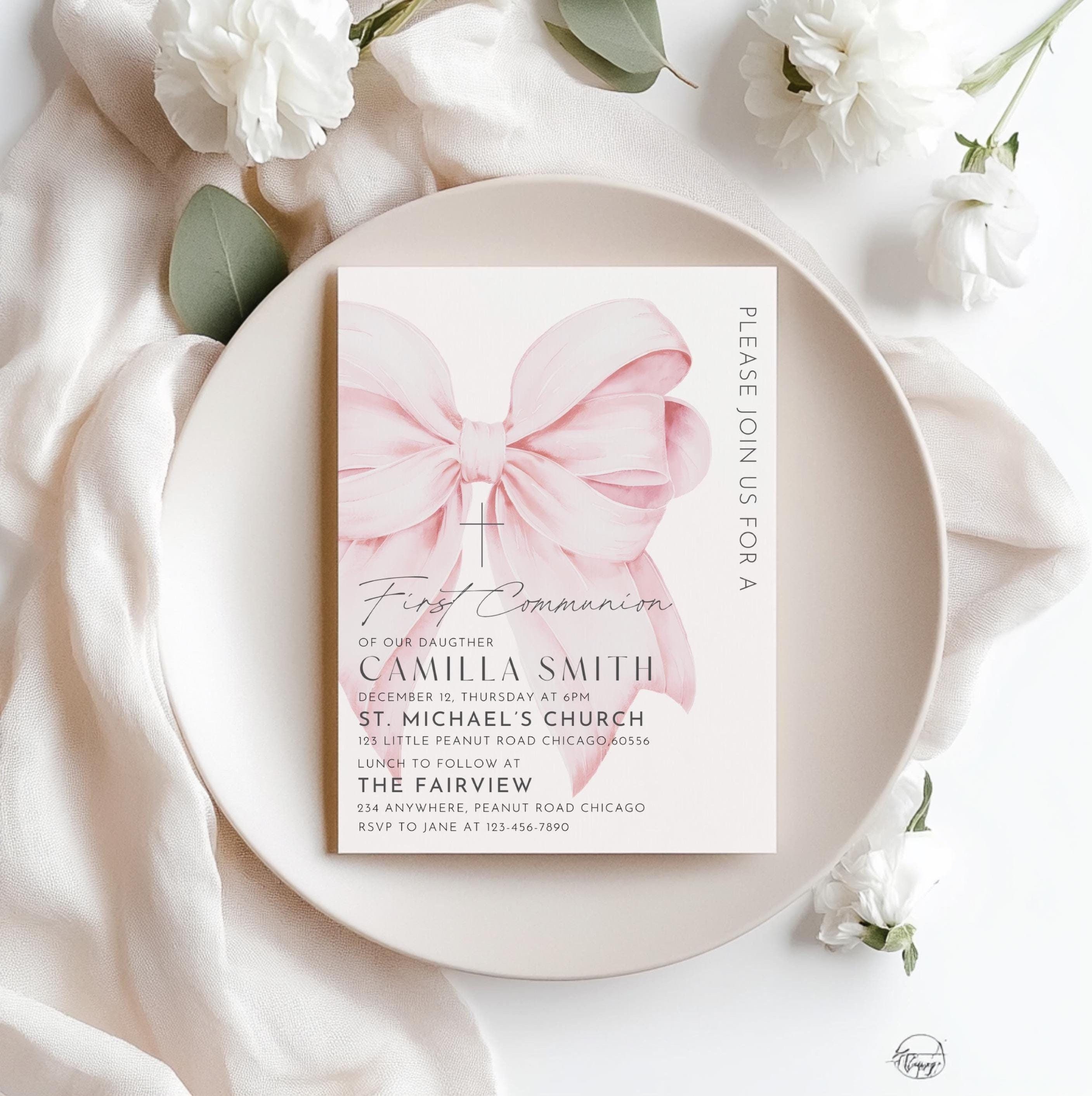 Pink Bow First Communion Invitation Template First Holy Communion ...