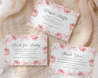 Editable Little Pumpkin Girl Baby Shower Pink Bow Books for Baby Diaper Raffle Thank You Enclosure Cards Coquette Pink Pumpkin Fall Theme