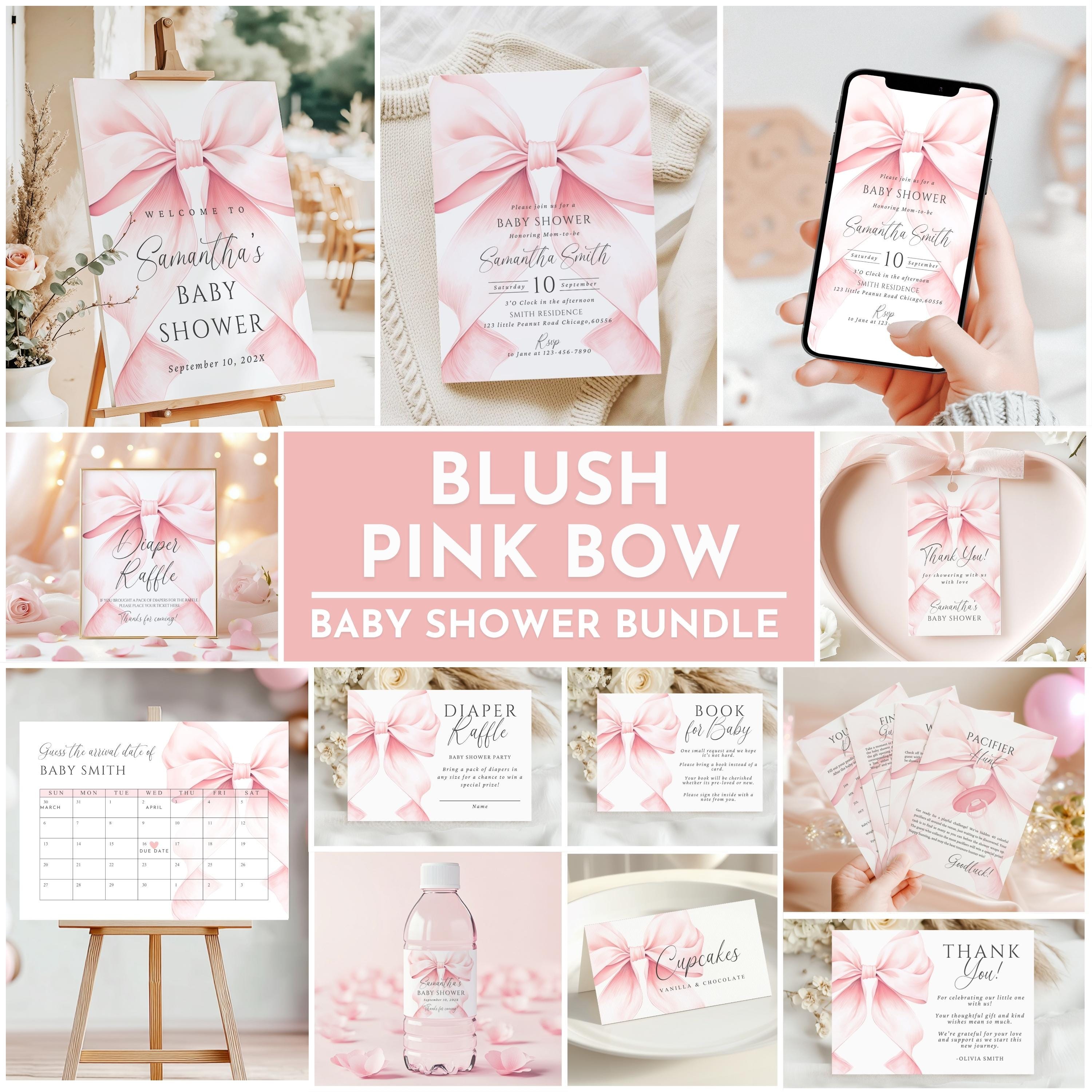 Blush Pink Bow Baby Shower Invitation Bundle Minimalist Elegant ...