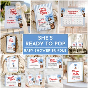 Peut inclure: Un ensemble de baby shower sur le thème bleu et blanc. L'ensemble comprend des invitations, des panneaux et des étiquettes avec un graphisme de bouteille de cola et le texte "She's Ready to Pop". L'ensemble comprend également un calendrier et des étiquettes de bouteilles d'eau.