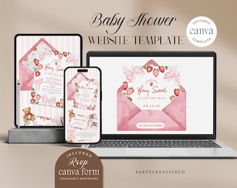 Plantilla de sitio web para baby shower Berry Sweet con RSVP / Coquette Pink Bow Berries Minimal Girl Baby Shower Strawberry Plantilla editable de Canva