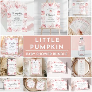Little Pumpkin is On The Way Baby Shower BUNDLE Rosa Mädchen Einladung Herbst Willkommensschild Digital Invite Bundle und Herbstdusche