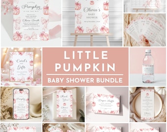 Little Pumpkin is On The Way - Pacchetto Baby Shower con fiocco rosa, invito per bambina, cartello di benvenuto autunnale, invito digitale e gioco per baby shower rosa autunnale
