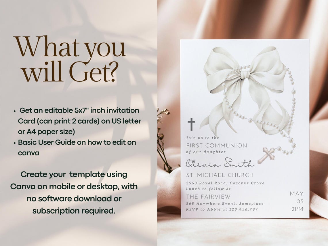 EDITABLE First Holy Communion Invitation Template Gender Neutral Pearls ...