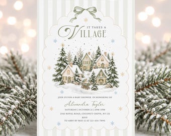 It Takes a Village Baby Shower Invitation | Sage Green Winter Village (Digital Download)