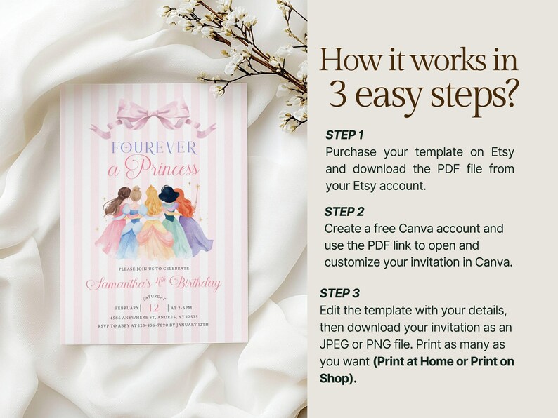 Princess 4th Birthday Invitation – Four Ever A Princess Birthday Invitation Pink Royal Dresses Watercolor Theme Party (Editable Template) image 8