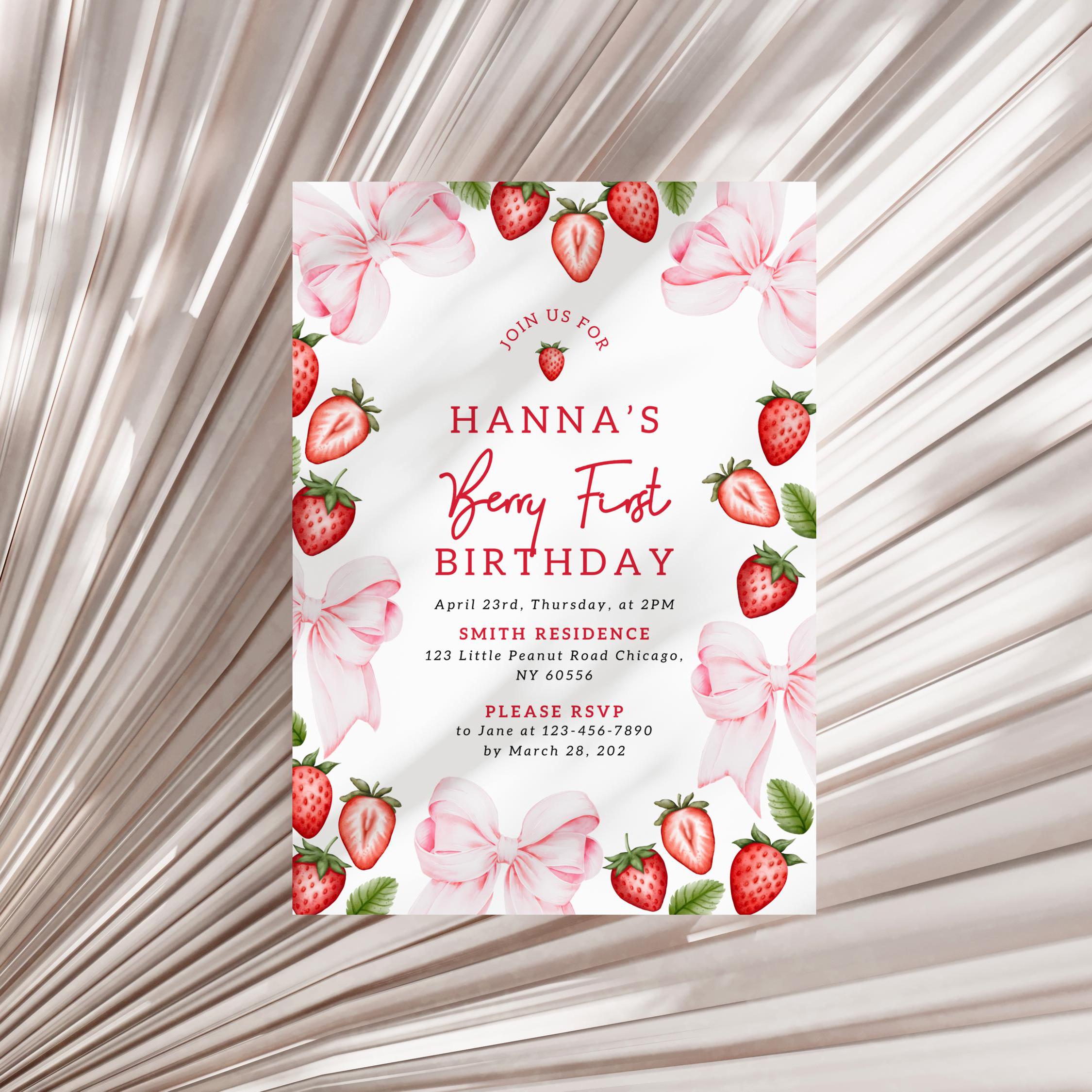 Pink Bow Berry First Birthday Invitation Editable Template Girl ...
