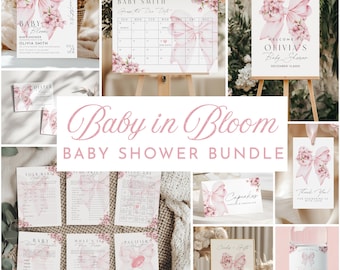 Rosa Schleife Baby in Bloom Baby Shower BUNDLE Vorlage Baby Girl Floral niedlich Pastell Baby Shower Einladung Wildblumen Dekor Set Instant Download
