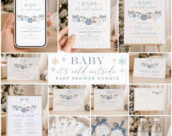 Baby It's Cold Outside Baby Shower Bundle, Blue Boy Winter Baby Shower Invitation, 12x Games, Welcome Sign, Decors, Editable Canva Templates