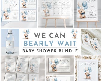 We Can Bearly Wait Baby Shower Bundle Blue Bow Teddy Bear Baby Shower Bundle Minimal Boho Boy Teddy Bear Baby Bundle Invitation Set EDITABLE